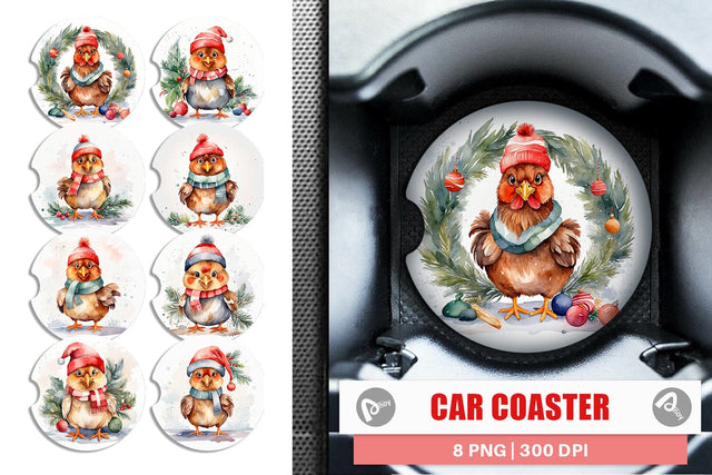 Car Coaster Watercolor Christmas Chiken Sublimation artnoy 