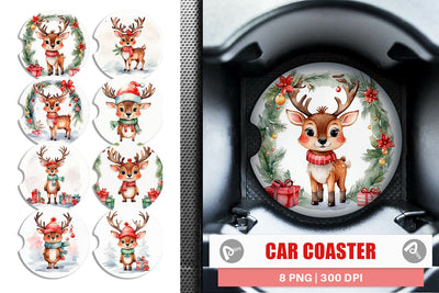 Car Coaster Watercolor Christmas Deer Sublimation artnoy 