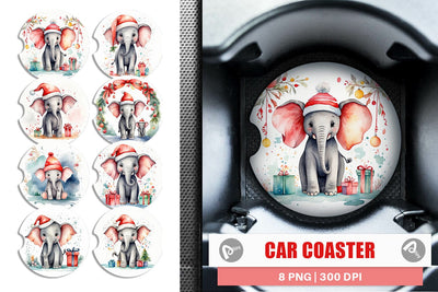 Car Coaster Watercolor Christmas Elephant Sublimation artnoy 