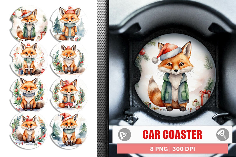 Car Coaster Watercolor Christmas Fox Sublimation artnoy 