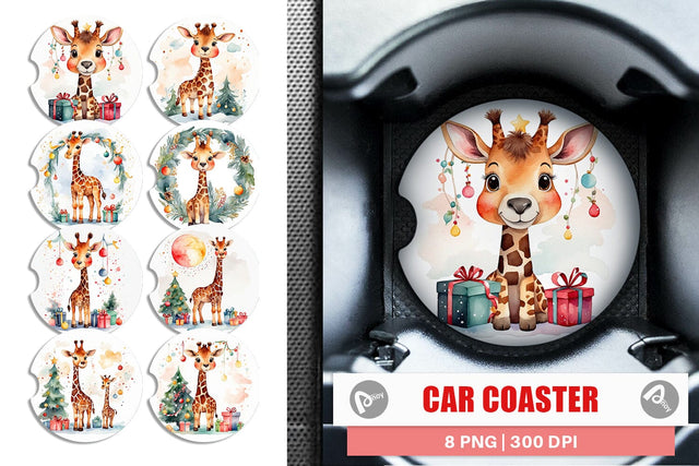 Car Coaster Watercolor Christmas Giraffe Sublimation artnoy 