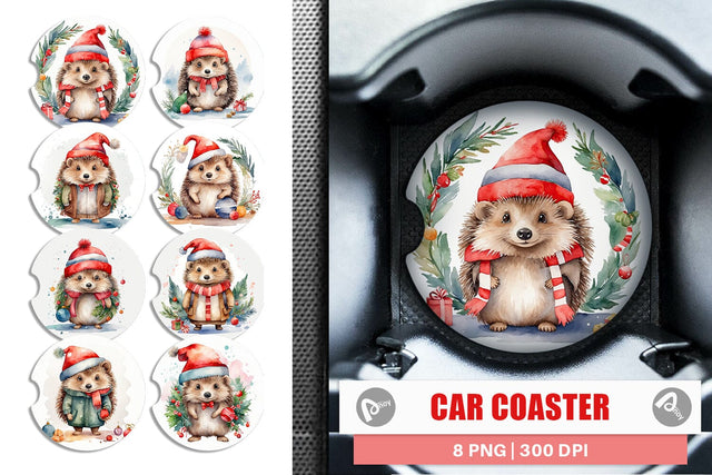 Car Coaster Watercolor Christmas Hedgehog Sublimation artnoy 