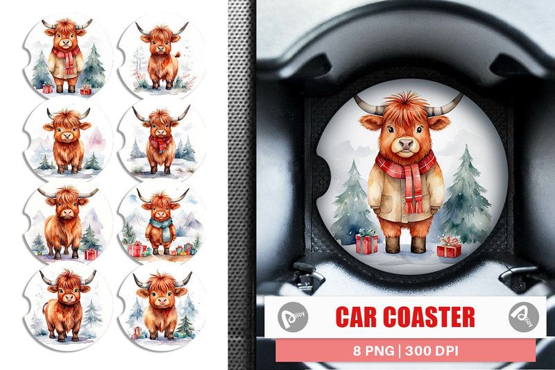 Car Coaster Watercolor Christmas Highland Cow Sublimation artnoy 