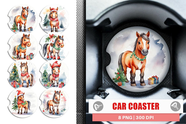 Car Coaster Watercolor Christmas Horse Sublimation artnoy 