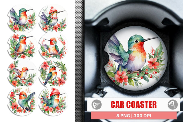 Car Coaster Watercolor Christmas Hummingbird Sublimation artnoy 
