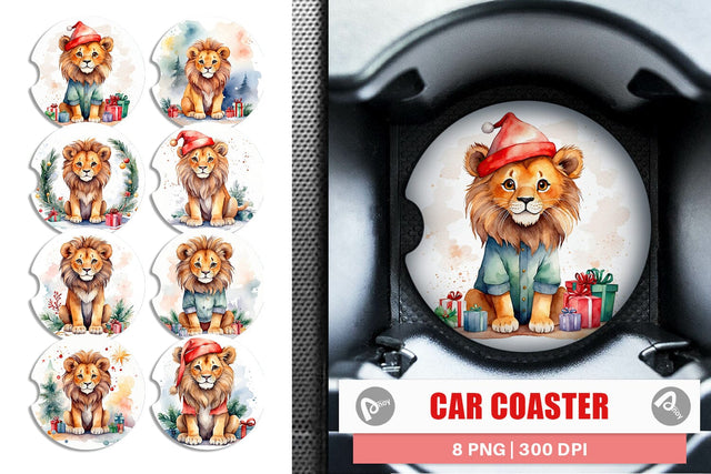 Car Coaster Watercolor Christmas Lion Sublimation artnoy 