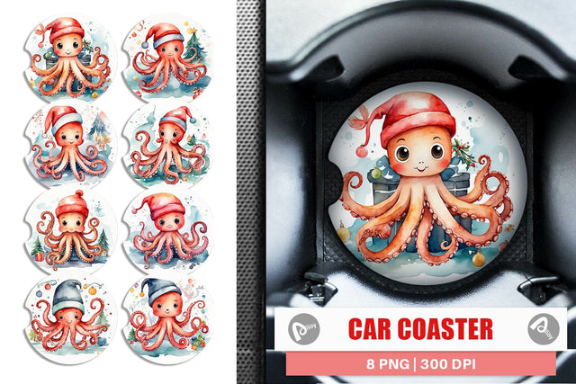 Car Coaster Watercolor Christmas Octopus Sublimation artnoy 