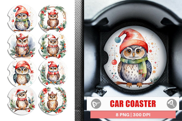 Car Coaster Watercolor Christmas Owl Sublimation artnoy 