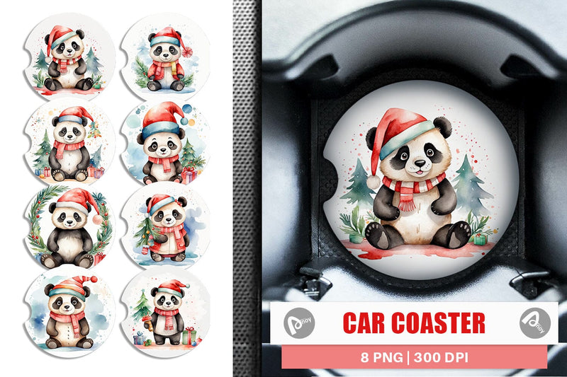 Car Coaster Watercolor Christmas Panda Sublimation artnoy 