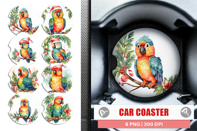 Car Coaster Watercolor Christmas Parrot Sublimation artnoy 