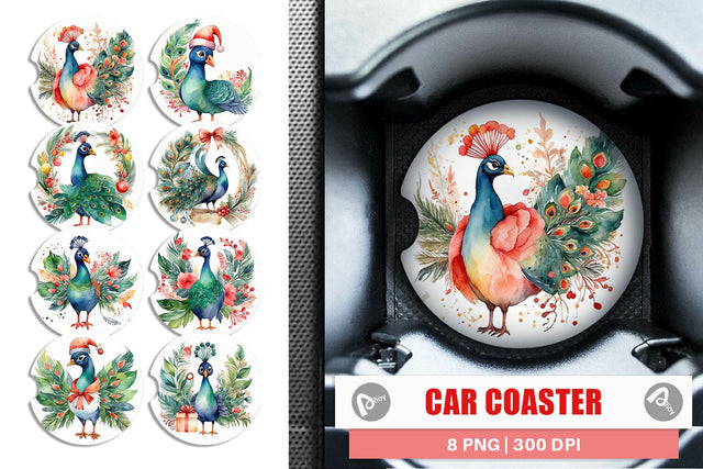 Car Coaster Watercolor Christmas Peacock Sublimation artnoy 