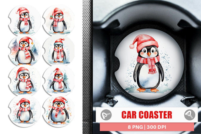 Car Coaster Watercolor Christmas Penguin Sublimation artnoy 
