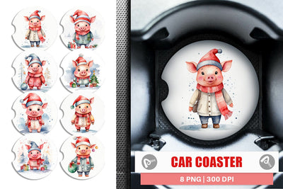 Car Coaster Watercolor Christmas Pig Sublimation artnoy 