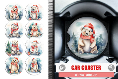 Car Coaster Watercolor Christmas Polar Bear Sublimation artnoy 