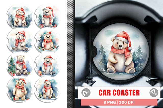 Car Coaster Watercolor Christmas Polar Bear Sublimation artnoy 