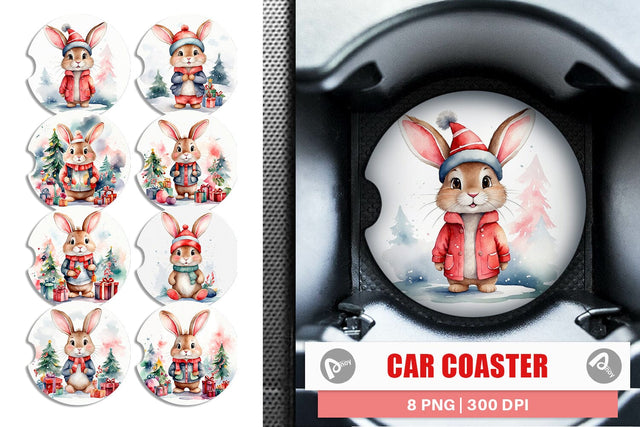 Car Coaster Watercolor Christmas Rabbit Sublimation artnoy 