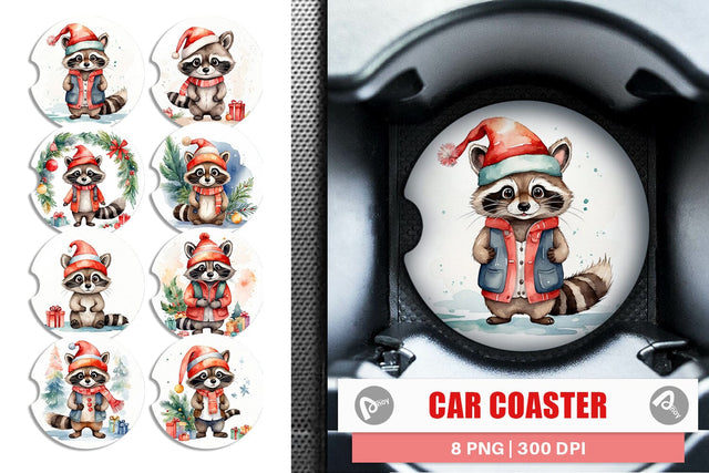 Car Coaster Watercolor Christmas Raccoon Sublimation artnoy 