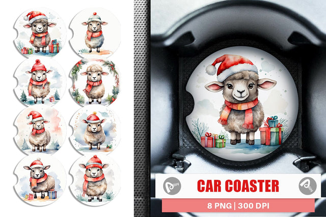 Car Coaster Watercolor Christmas sheep Sublimation artnoy 