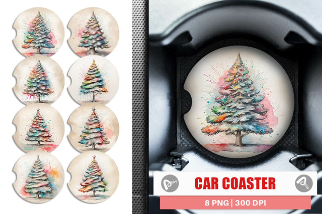 Car Coaster Watercolor Christmas Tree Sublimation artnoy 