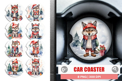 Car Coaster Watercolor Christmas Wolf Sublimation artnoy 