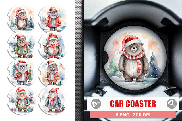 Car Coaster Watercolor Christmas Yeti Sublimation artnoy 