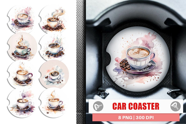 Car Coaster Watercolor Coffee Cup Sublimation artnoy 