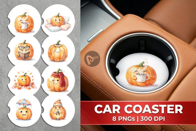 Car Coaster Watercolor Cozy Fall Lifestyle Pumpkin Sublimation artnoy 