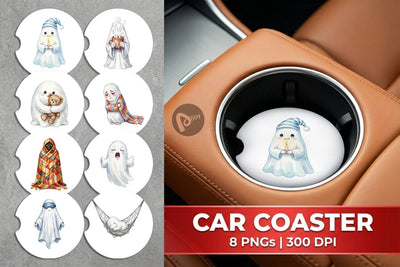 Car Coaster Watercolor Cozy Nightcap Sleepy Ghost Sublimation artnoy 