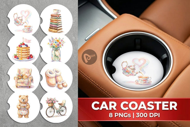 Car Coaster Watercolor Cozy Tea Time Mom Lifestyle Sublimation artnoy 