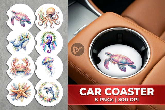Car Coaster Watercolor Cute Baby Ocean Animals Sublimation artnoy 