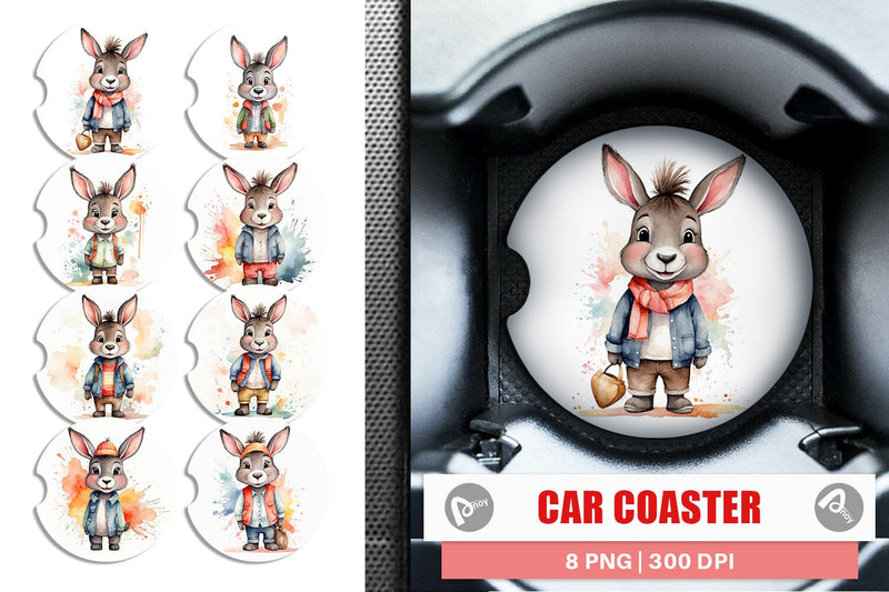 Car Coaster Watercolor Cute Donkey Sublimation artnoy 