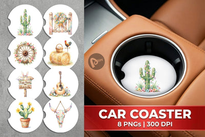 Car Coaster Watercolor Desert Spring Easter Cacti Sublimation artnoy 