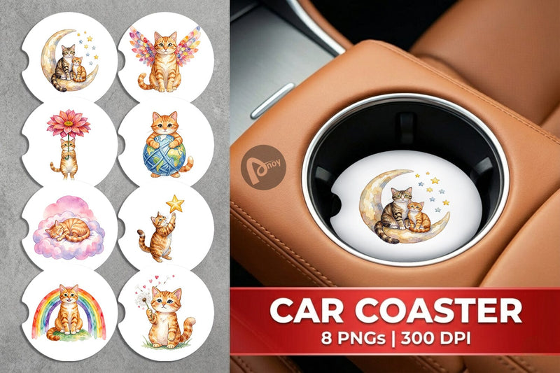 Car Coaster Watercolor Dreamy Mother Cat Sky Art Sublimation artnoy 