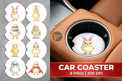Car Coaster Watercolor Easter Chick Dress Up Art Sublimation artnoy 