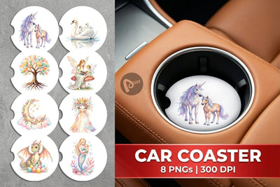 Car Coaster Watercolor Fantasy Mom And Baby Creatures Sublimation artnoy 