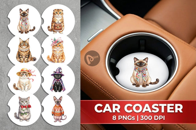 Car Coaster Watercolor Fashionable Cat Mom Portraits Sublimation artnoy 