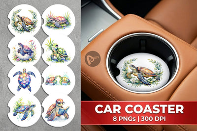 Car Coaster Watercolor Floral Boho Sea Turtle Sublimation artnoy 