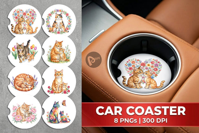 Car Coaster Watercolor Floral Cat Motherhood Art Sublimation artnoy 