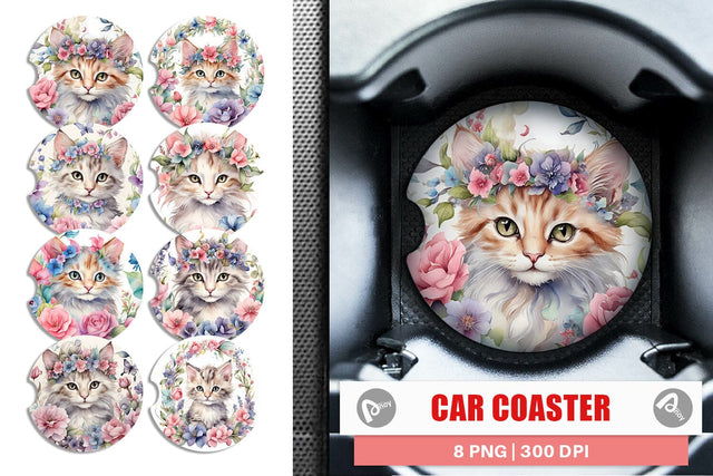 Car Coaster Watercolor Floral Cat Sublimation artnoy 