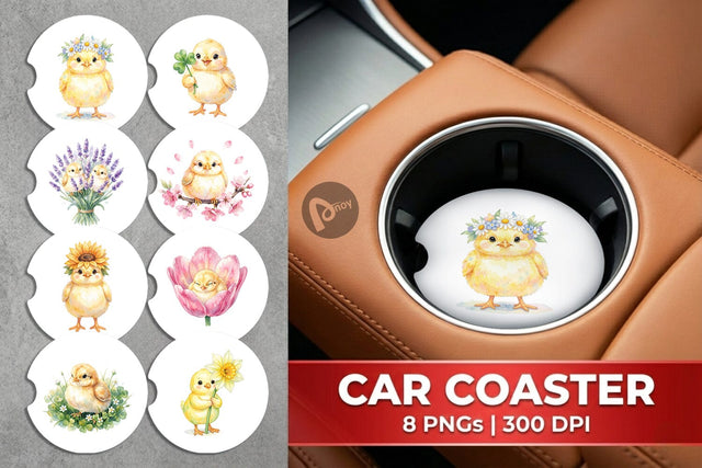 Car Coaster Watercolor Floral Easter Chick Art Sublimation artnoy 