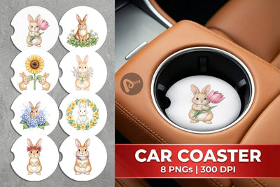 Car Coaster Watercolor Floral Spring Easter Bunny Sublimation artnoy 
