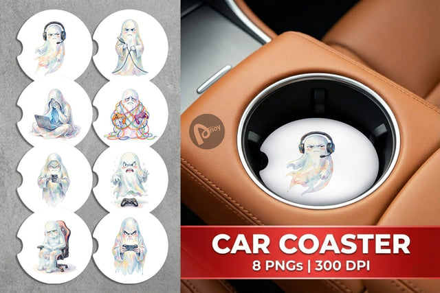 Car Coaster Watercolor Funny Grumpy Gamer Ghost Sublimation artnoy 