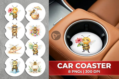 Car Coaster Watercolor Funny Grumpy Tropical Bee Sublimation artnoy 