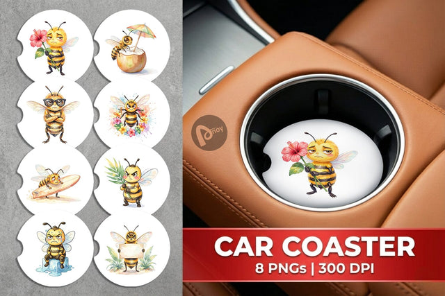 Car Coaster Watercolor Funny Grumpy Tropical Bee Sublimation artnoy 