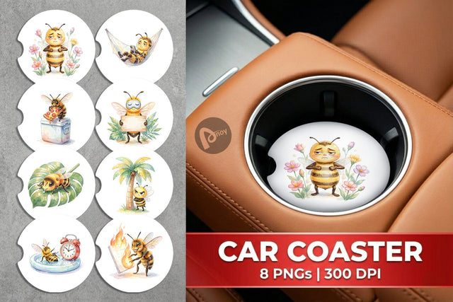 Car Coaster Watercolor Funny Lazy Island Life Bee Sublimation artnoy 