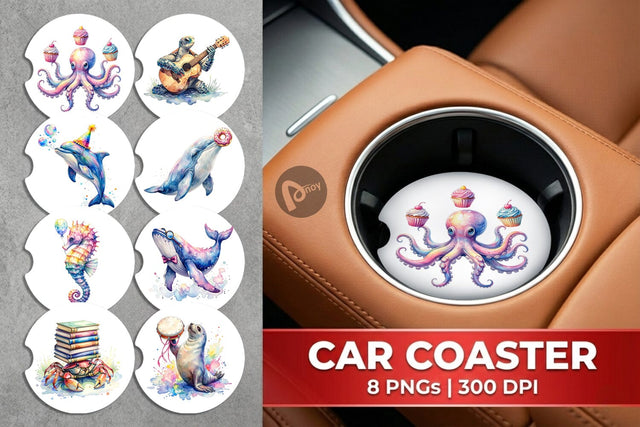 Car Coaster Watercolor Funny Ocean Animals Sublimation artnoy 