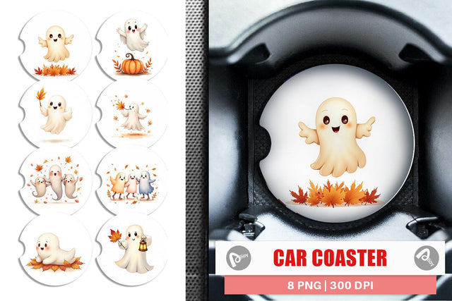 Car Coaster Watercolor Ghost Autumn Leaves Sublimation artnoy 