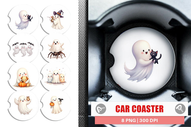 Car Coaster Watercolor Ghost Halloween Pets Sublimation artnoy 