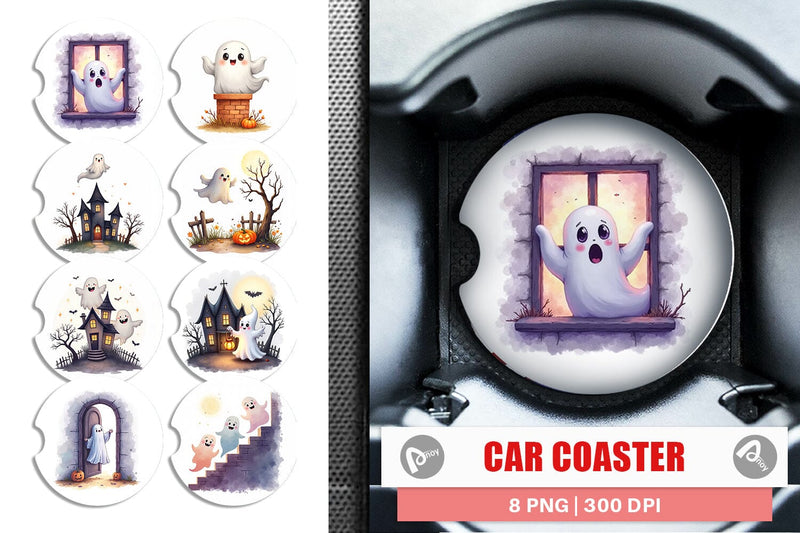 Car Coaster Watercolor Ghost Haunted House Sublimation artnoy 