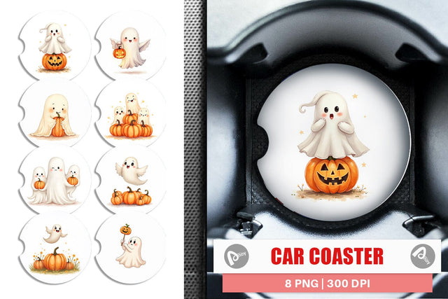 Car Coaster Watercolor Ghost Pumpkin Friends Sublimation artnoy 